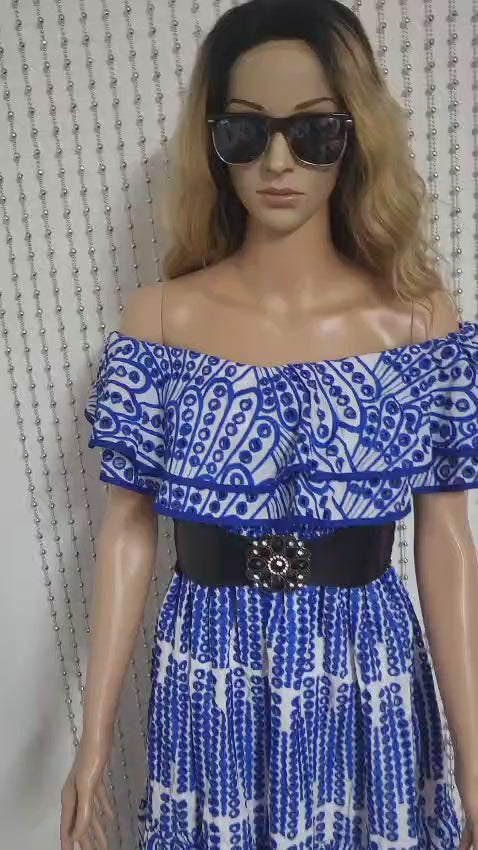 Blue off the shoulder Embroidered lace dress