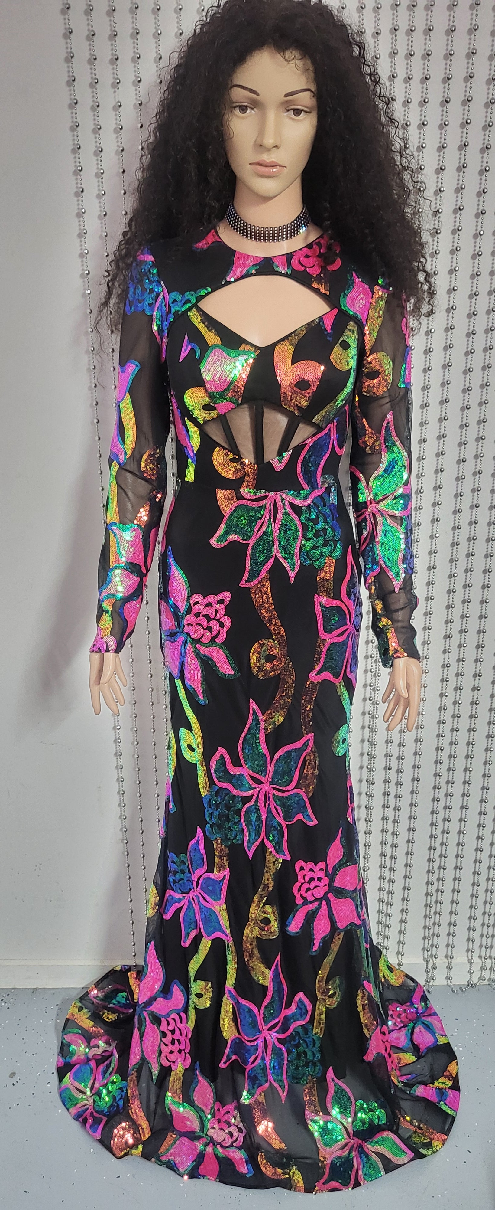 Elegant Full Sleeve Mermaid Black Evening Gown in Floral Sequin Design .