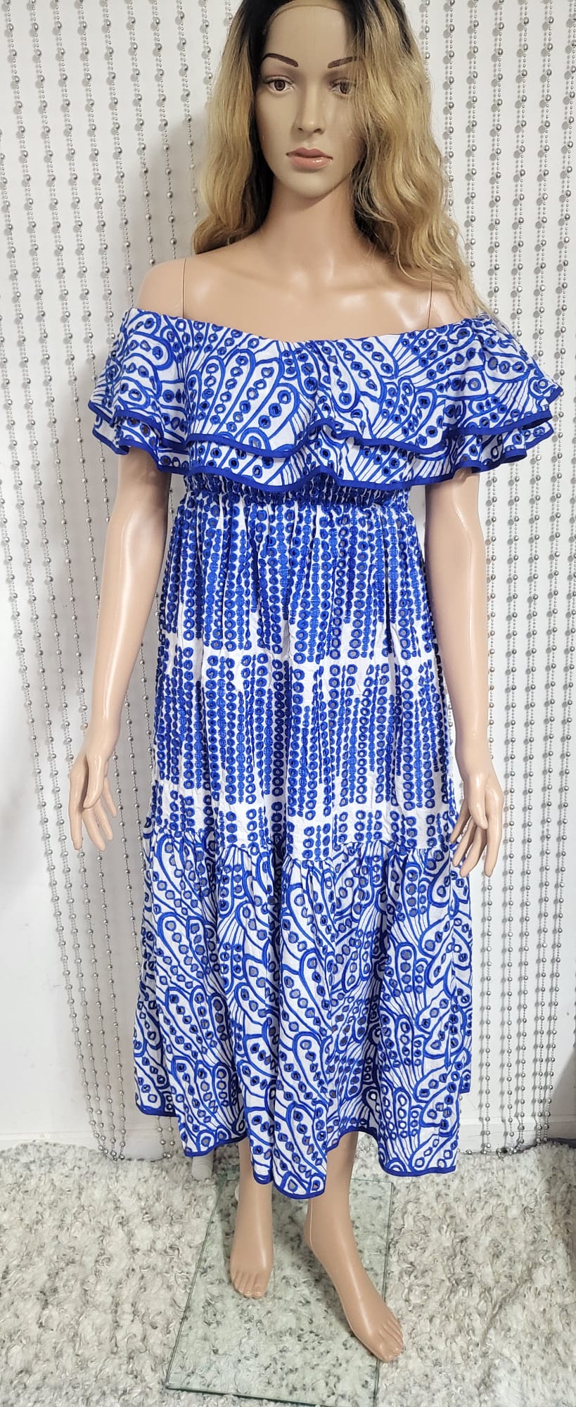 Blue off the shoulder Embroidered lace dress