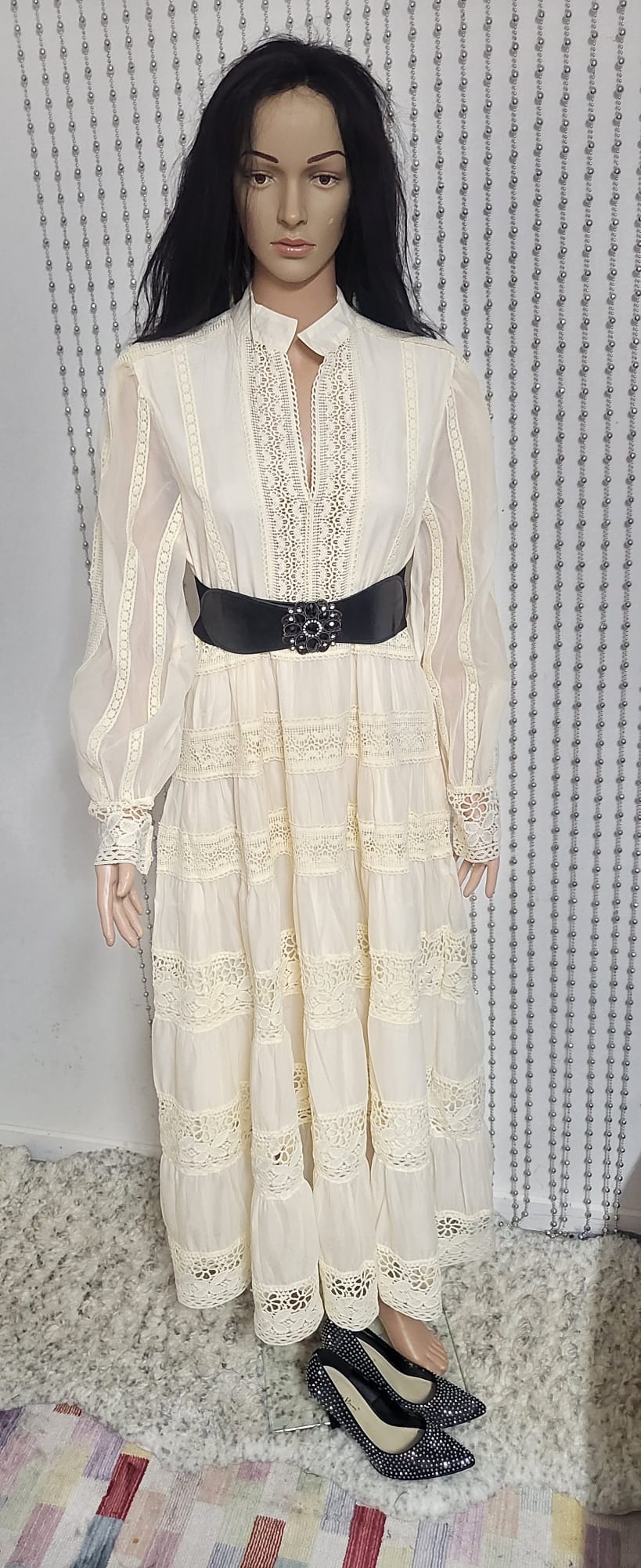 Cream embroidered lace pattern dress