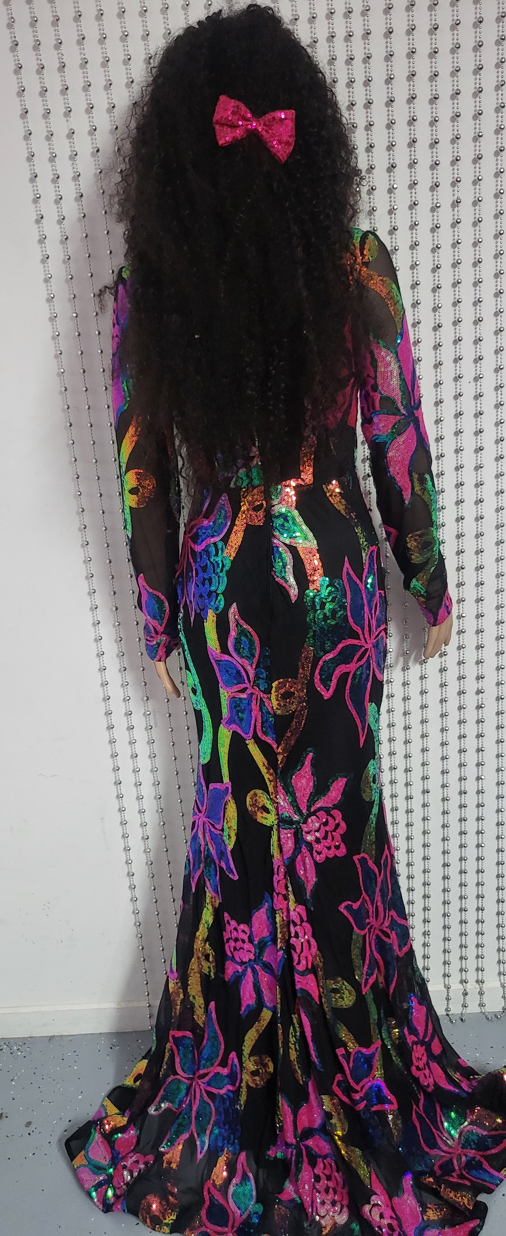 Elegant Full Sleeve Mermaid Black Evening Gown in Floral Sequin Design .