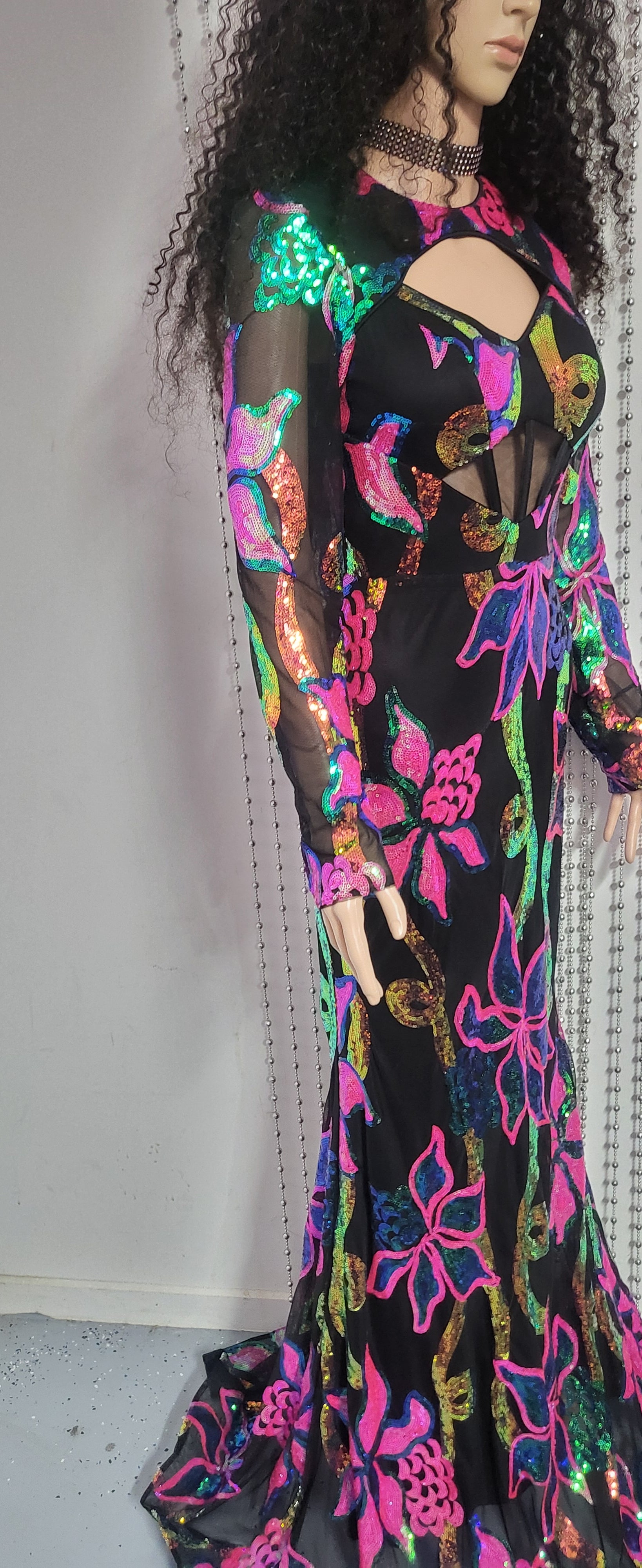 Elegant Full Sleeve Mermaid Black Evening Gown in Floral Sequin Design .