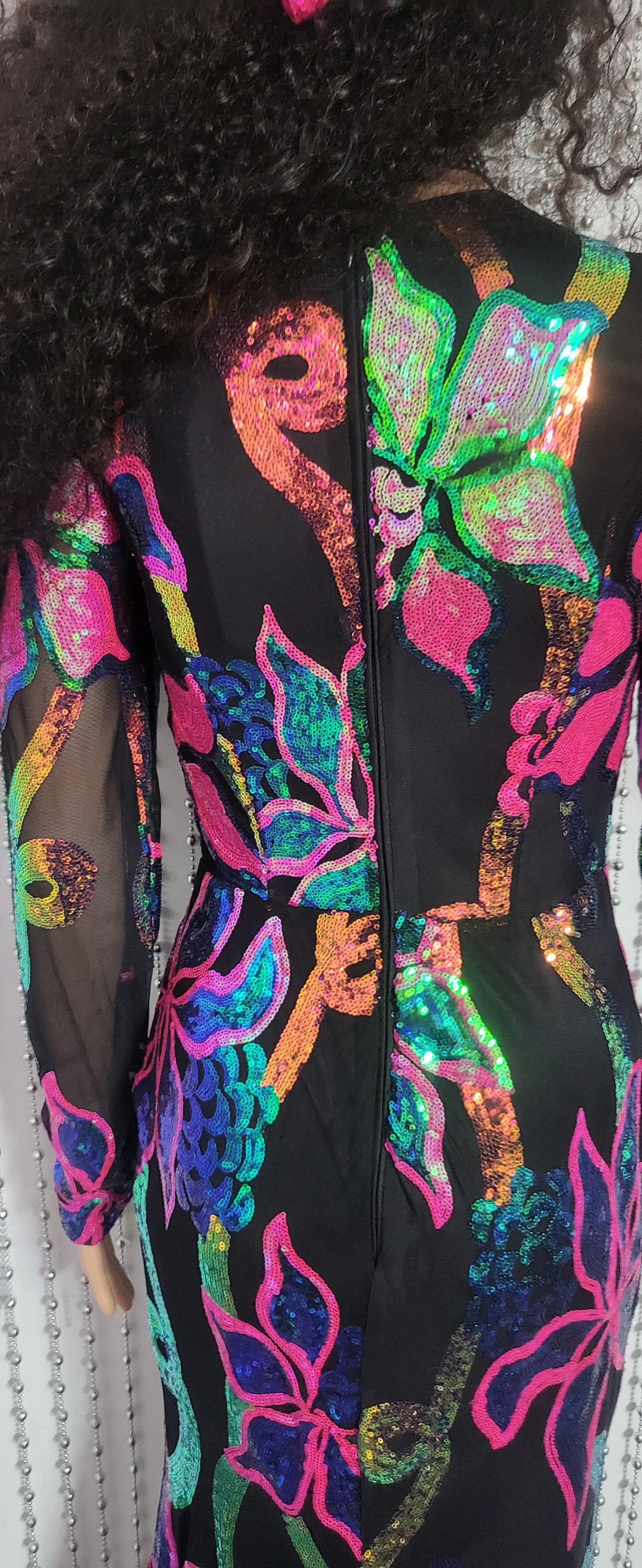 Elegant Full Sleeve Mermaid Black Evening Gown in Floral Sequin Design .