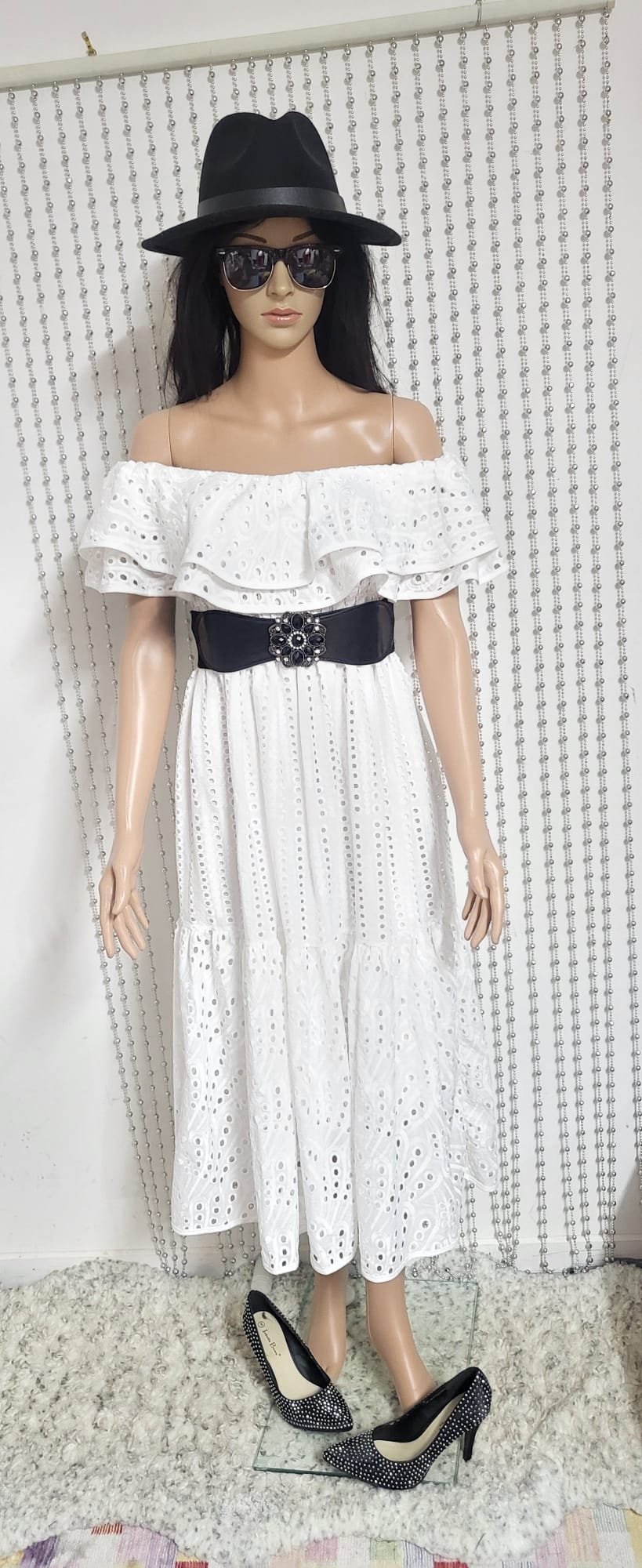 White embroidered lace dress.