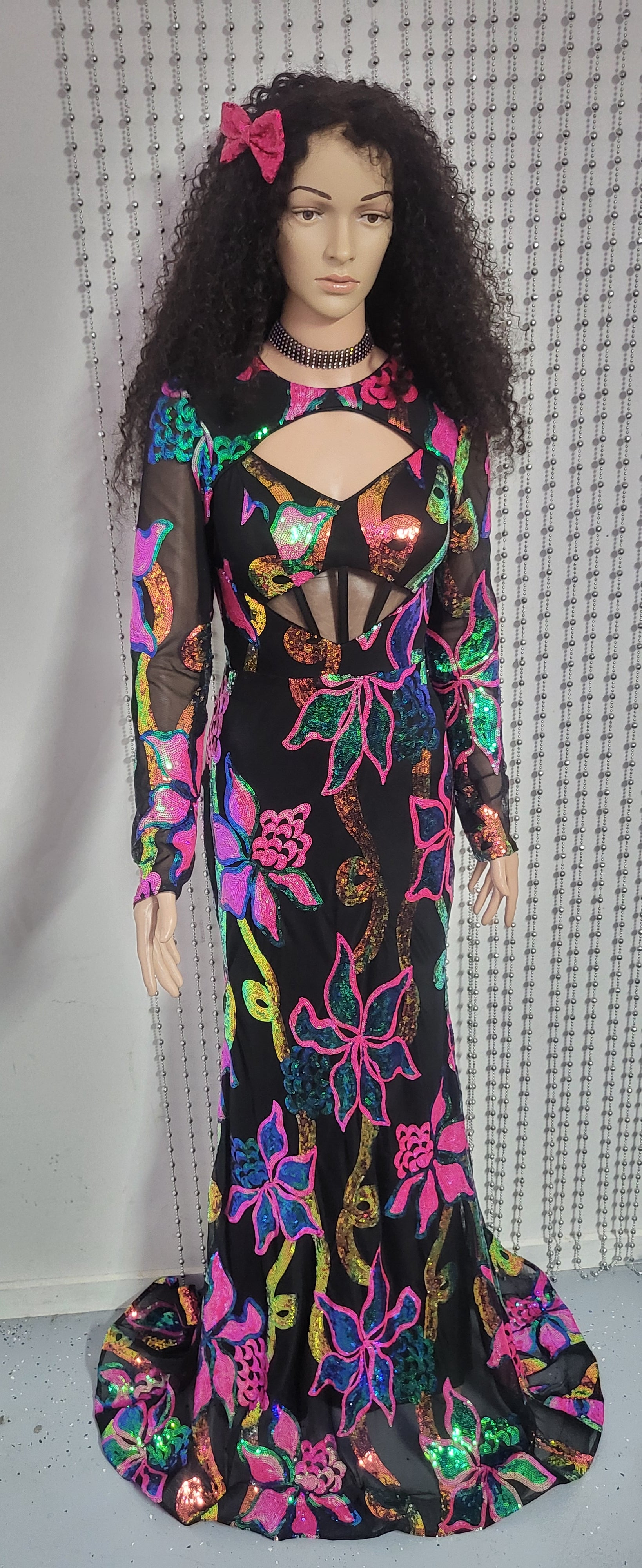 Elegant Full Sleeve Mermaid Black Evening Gown in Floral Sequin Design .