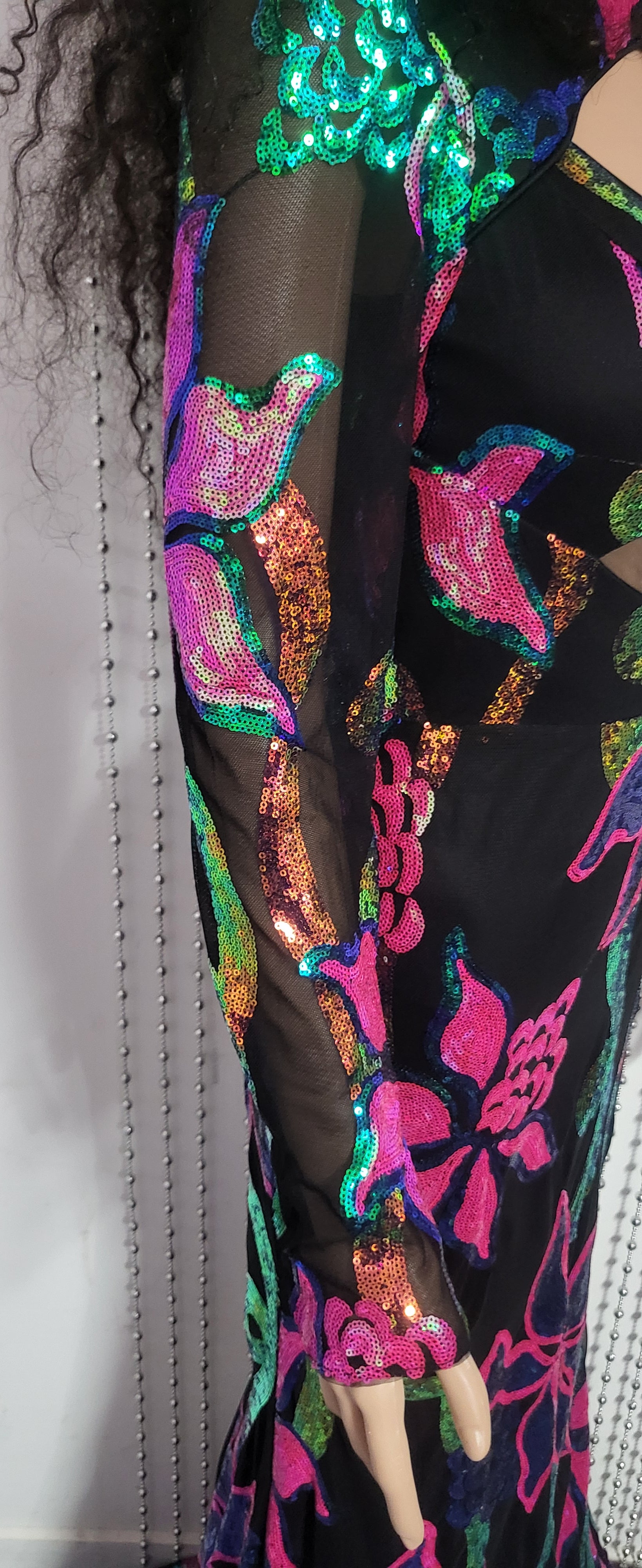 Elegant Full Sleeve Mermaid Black Evening Gown in Floral Sequin Design .