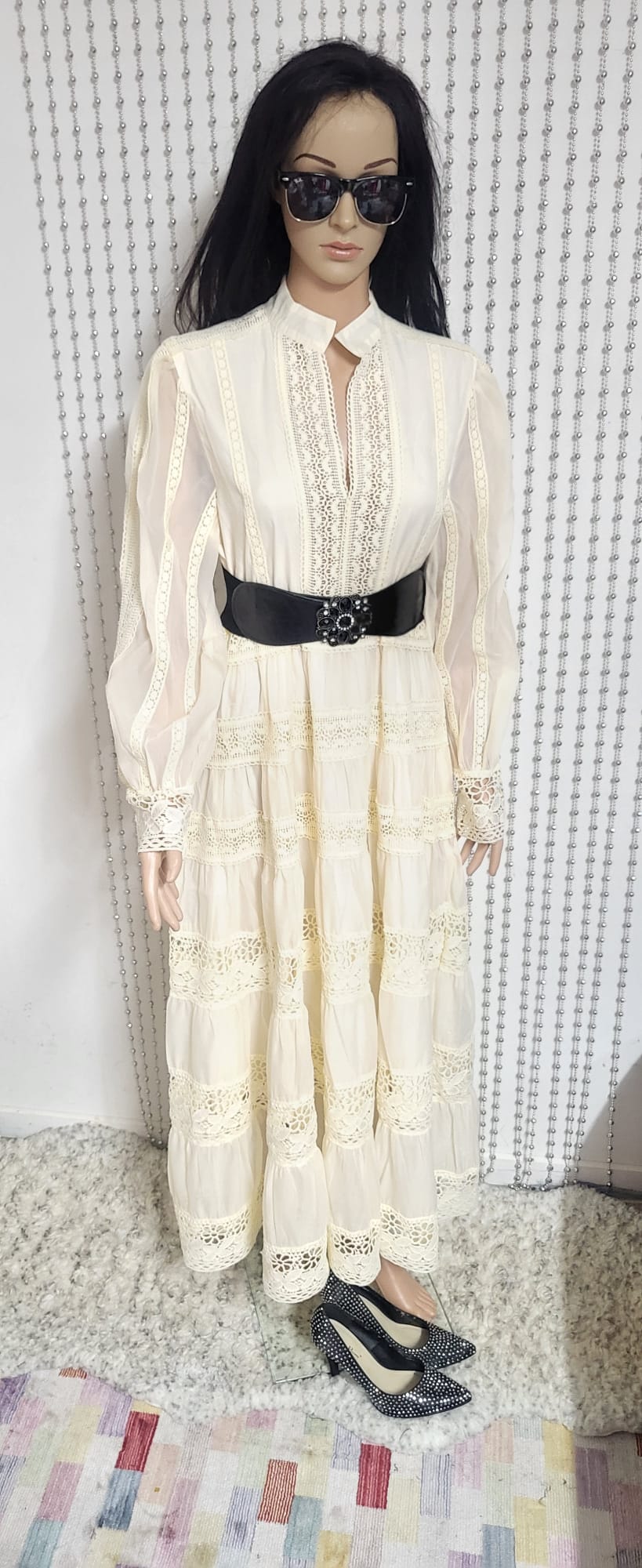 Cream embroidered lace pattern dress