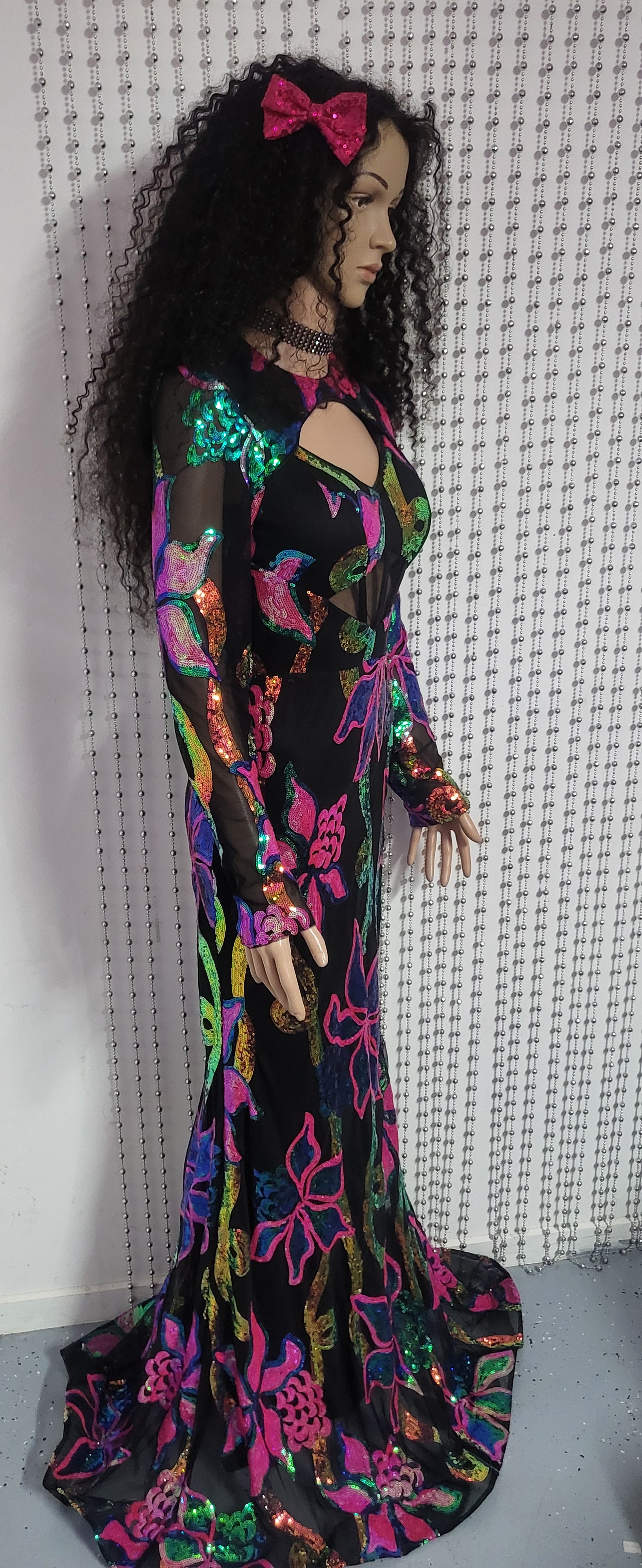 Elegant Full Sleeve Mermaid Black Evening Gown in Floral Sequin Design .