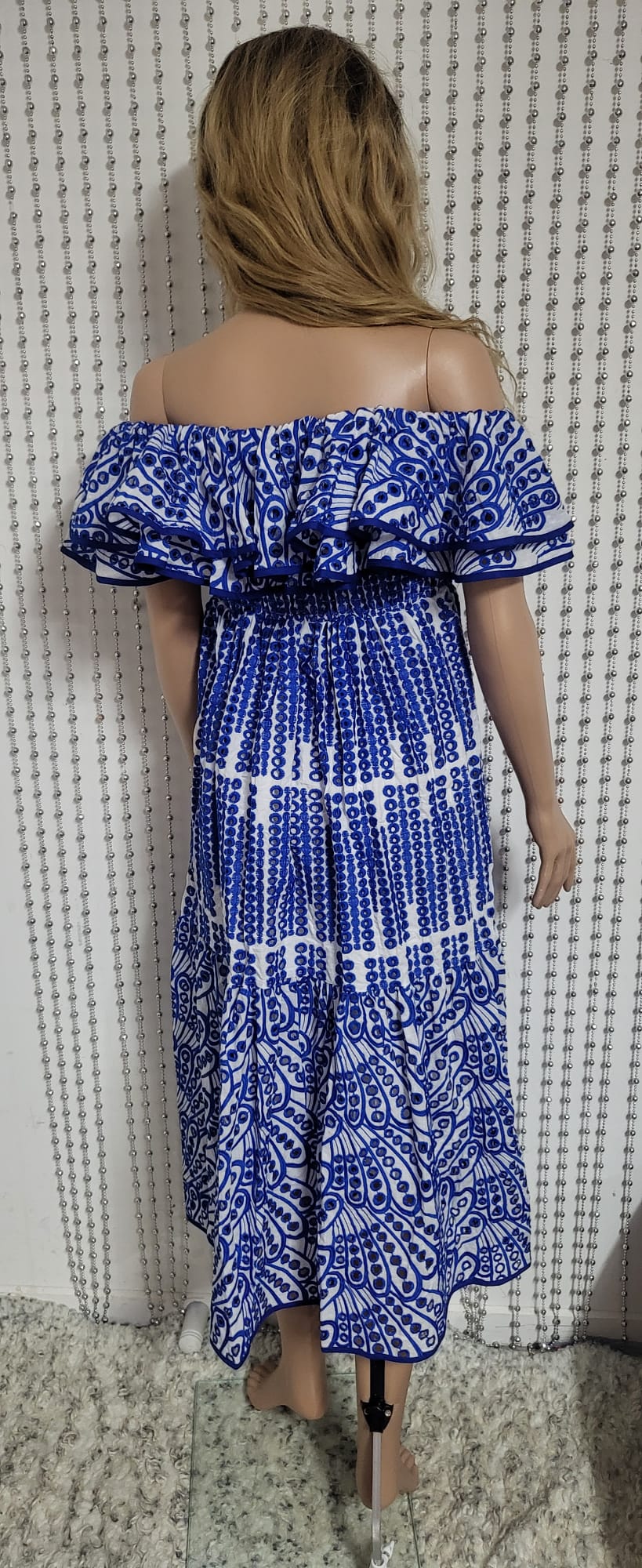 Blue off the shoulder Embroidered lace dress