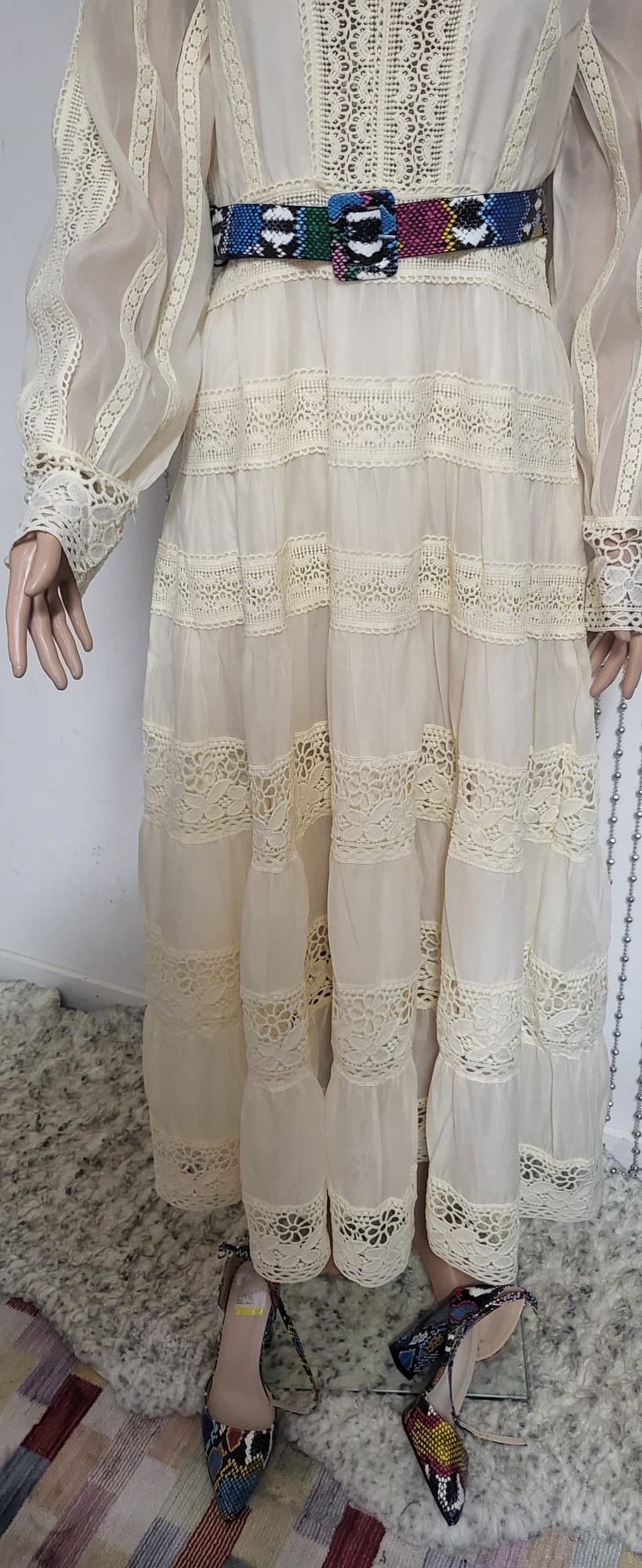 Cream embroidered lace pattern dress