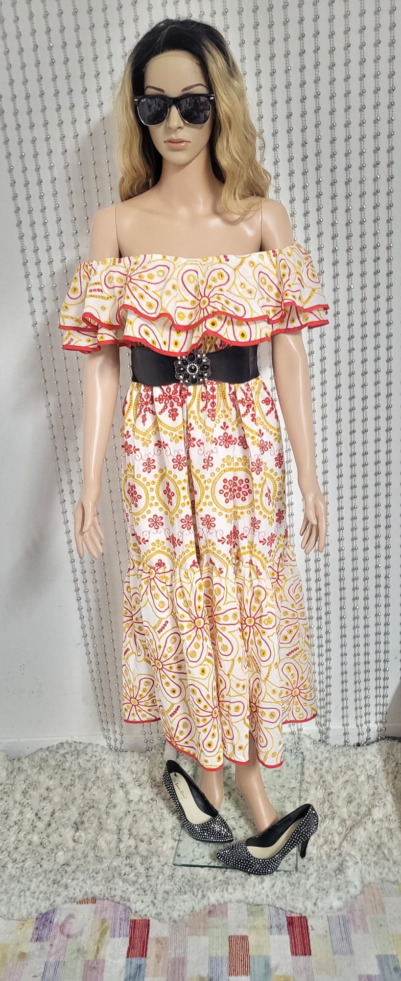 sexy yet elegant dress in delicate red and gold embroidered lace.