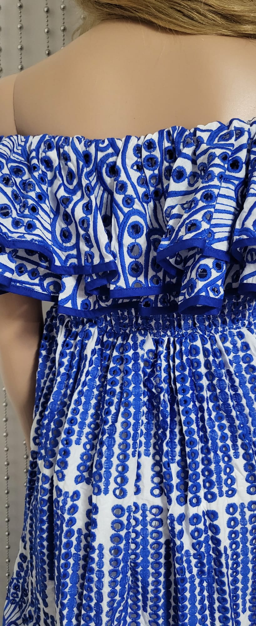 Blue off the shoulder Embroidered lace dress