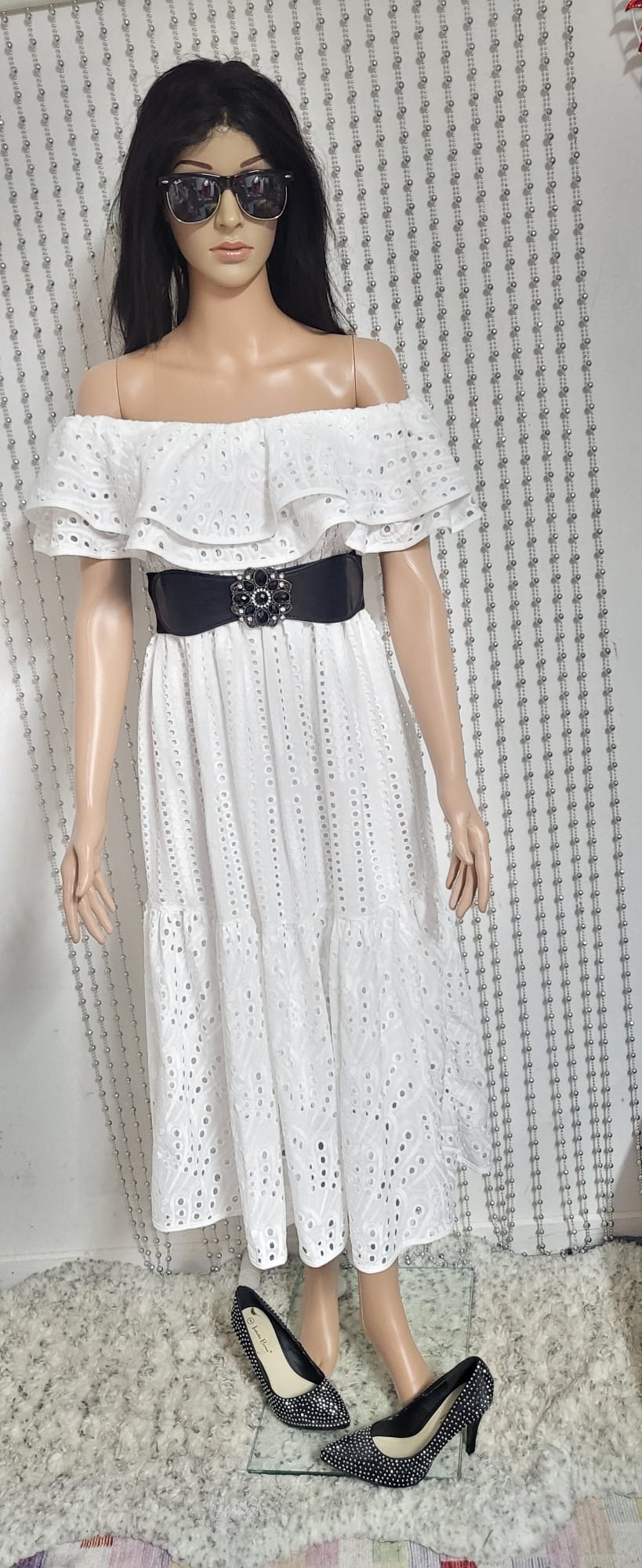 White embroidered lace dress.