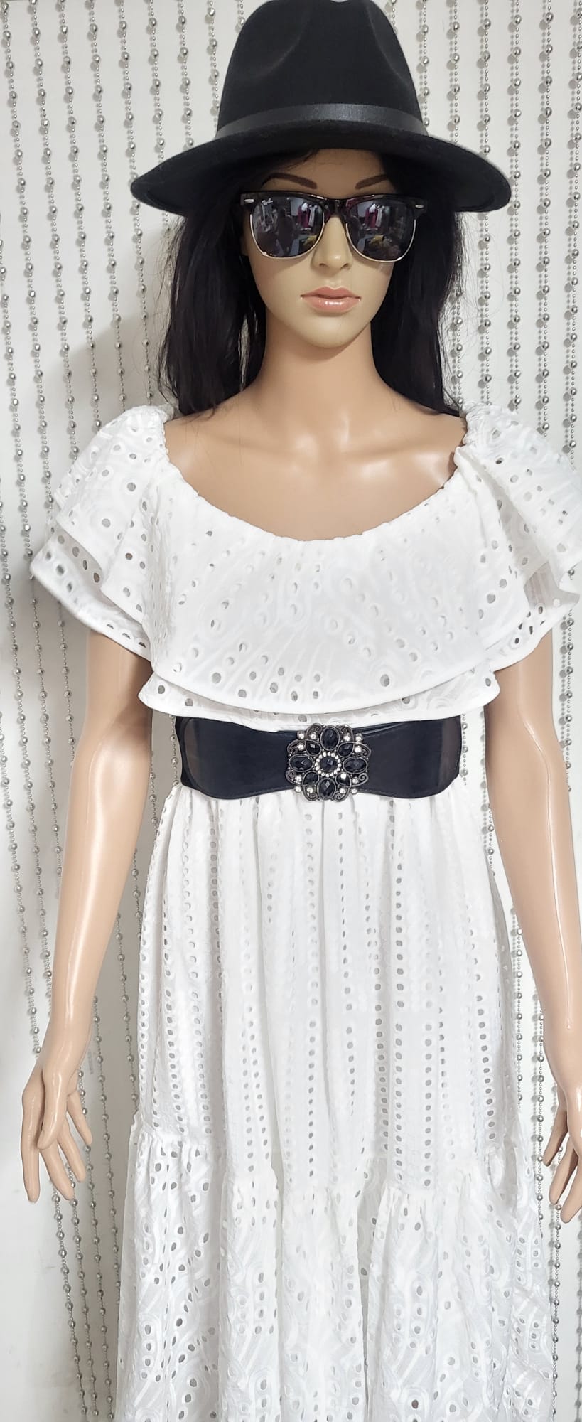 White embroidered lace dress.