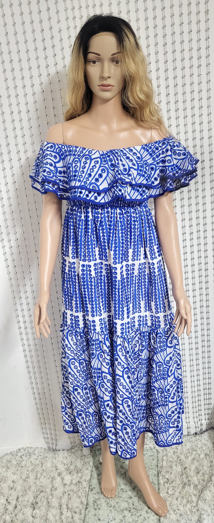 Blue off the shoulder Embroidered lace dress