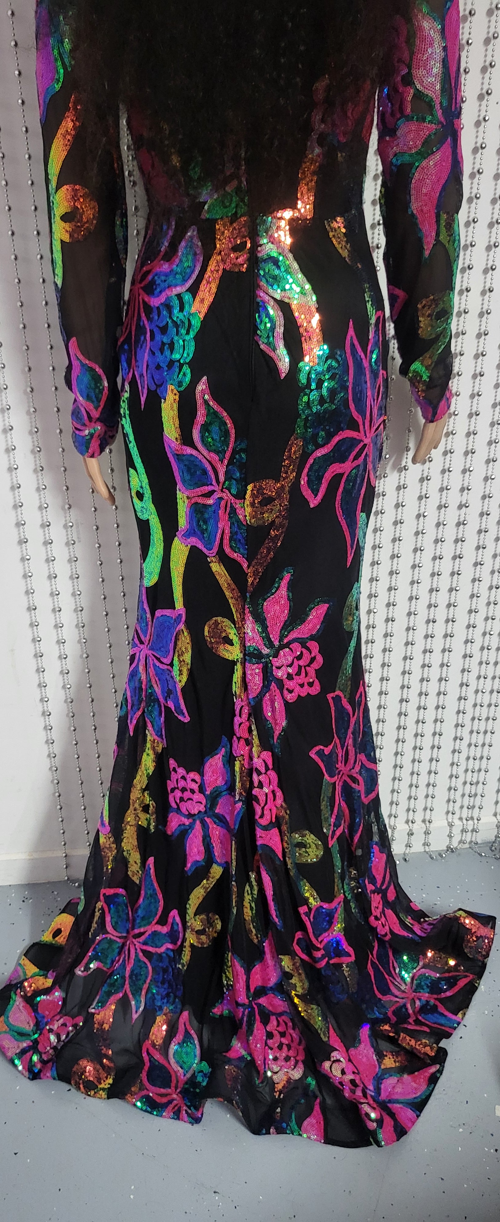 Elegant Full Sleeve Mermaid Black Evening Gown in Floral Sequin Design .