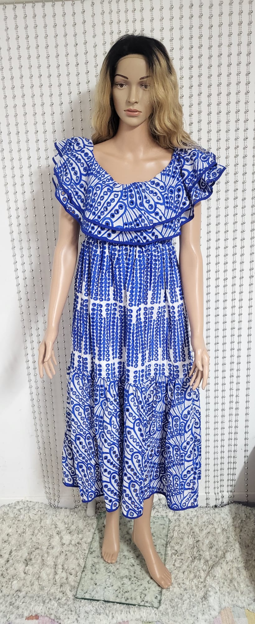 Blue off the shoulder Embroidered lace dress