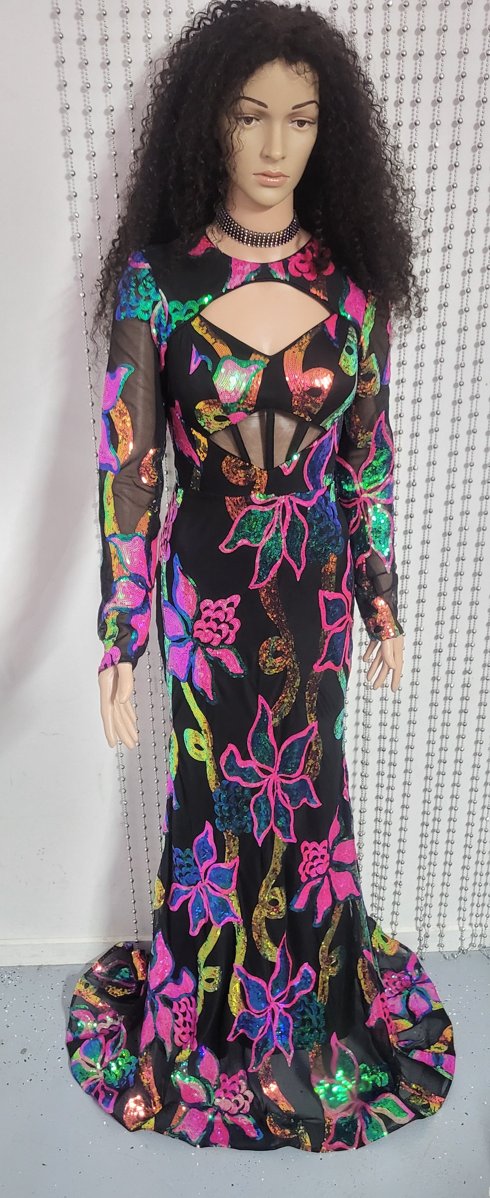Elegant Full Sleeve Mermaid Black Evening Gown in Floral Sequin Design .