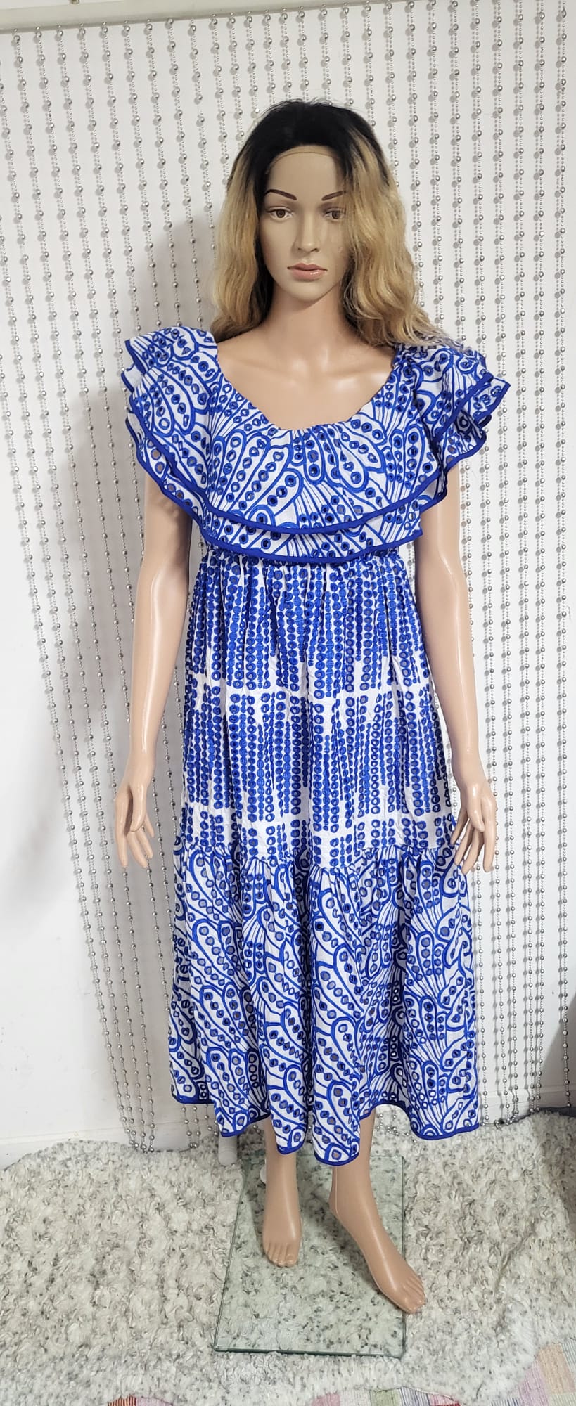 Blue off the shoulder Embroidered lace dress